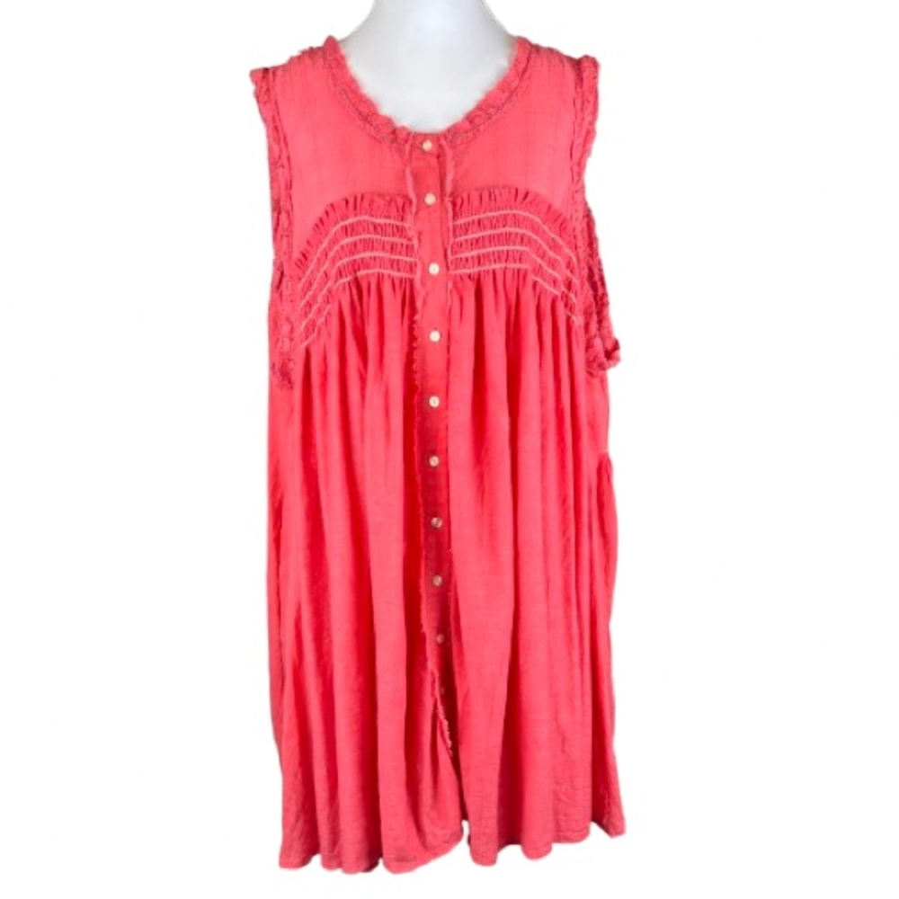 Free People Sea Breeze Tunic Coral Gauze Smocked Boho Mini Dress XL NEW